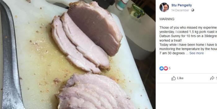 近日，澳大利亚男子斯图·彭格利(Stu Pengelly)在车内成功的“烤熟”了一块肉。图片来源：斯图·彭格利社交媒体截图。